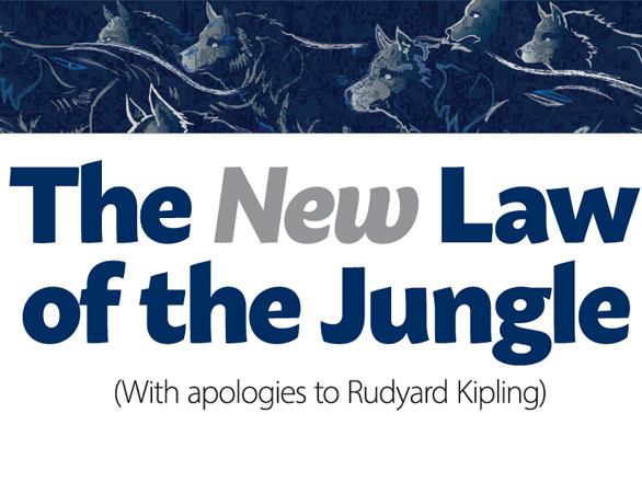 The New Law of the Jungle Title with an illustrated pack of wolves background
