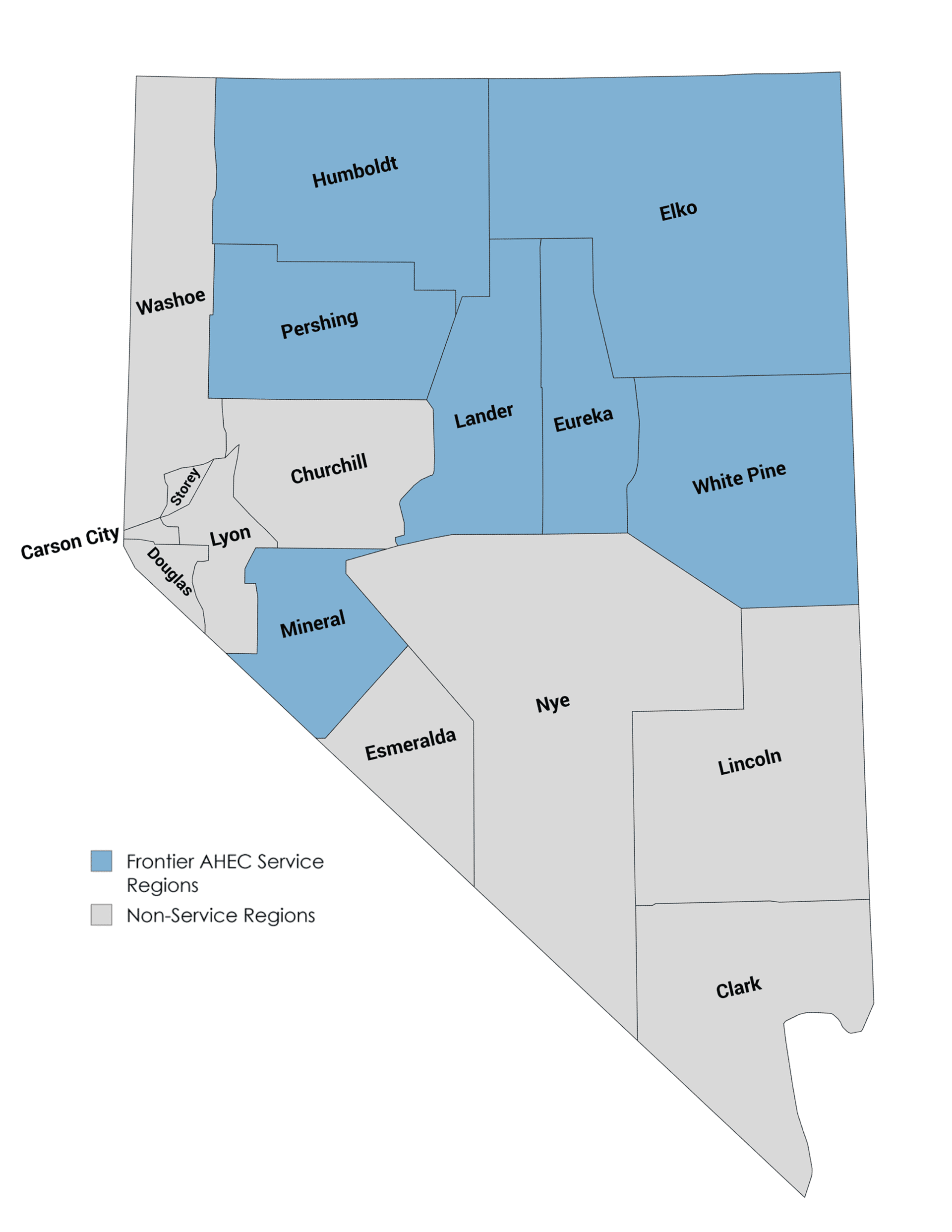 Map of Nevada showing service areas for Area Health Education Centers (AHECs), with counties color-coded for Desert Meadows, Frontier, High Sierra, and Combined Center Effort regions.