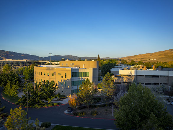 Shot of the Pennington Medical Education Building on the University of Nevada, Reno campus at sunrise.