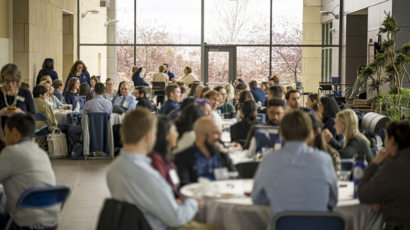 Numerous people gathered at tables within a vast room, participating in discussions and social interactions.