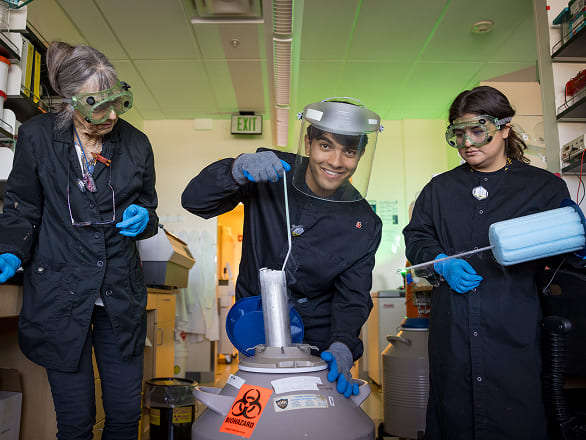 Med students work in a lab with one pulling something out of cold storage