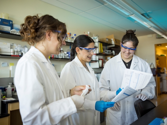 Three laboratory scientists posing together in a laboratory, highlighting teamwork and collaboration