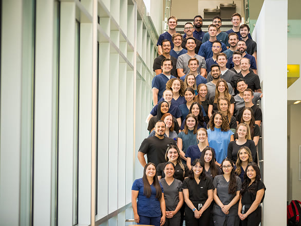 A group of Student Outreach Clinic volunteers stand together on a staircase