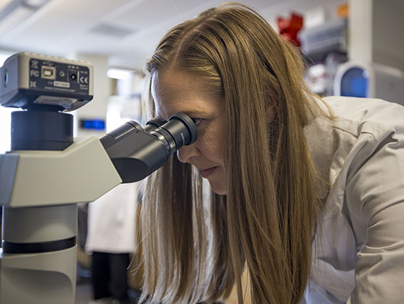 A researcher looking into a microscope.