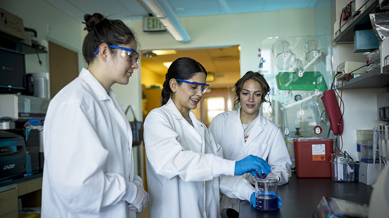 Three researchers in labcoats pouring liquid into a beaker.