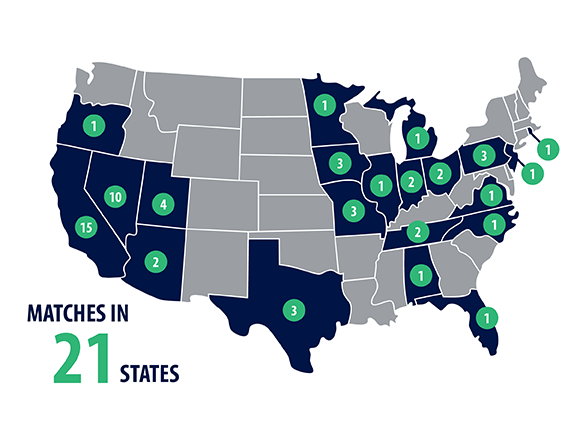 Map of the United States with matched states shaded in blue with the number of students who matched into residency programs there.