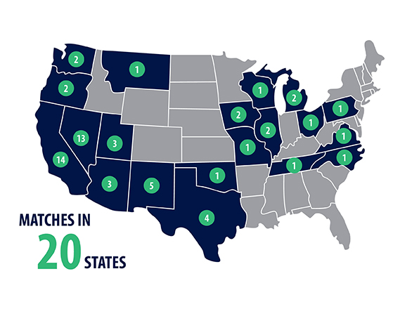 Map of the United States with matched states shaded in blue with the number of students who matched into residency programs there.